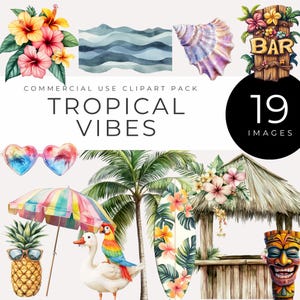 Tropical Vibes Clipart, Instant Download, Watercolor Tiki Masks, Surfboards, Palm Trees, Summer Drinks, Hibiscus Flowers, Beach Party PNGs