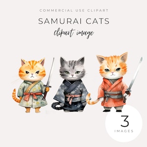 Samurai Cats Clipart INSTANT DOWNLOAD Cute Orange & Black Watercolor Warrior Cats, Adorable Ninja Cats, Felines with Swords, Feisty Kittens