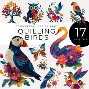 Quilling Vogel Clipart, sofortiger Download, wunderliche Papierart Vögel, Blumen, Schmetterlinge, Bienen, PNGs für Karten, Scrapbooking und Wandkunst