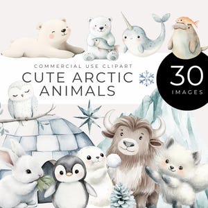 Clipart animaux de l'Arctique TÉLÉCHARGEMENT IMMÉDIAT Aquarelle ours polaire, pingouin, renard et plus d'amis de l'hiver pour décoration de chambre d'enfant, baby shower, oeuvre d'art pour enfants