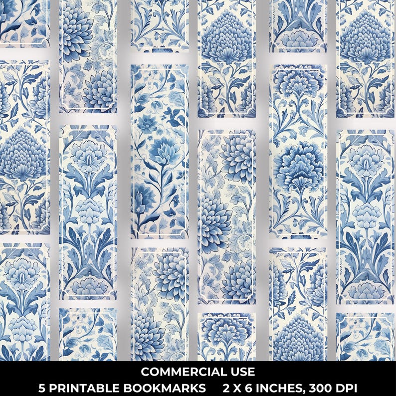 Blue Floral Damask Bookmarks INSTANT DOWNLOAD Cottagecore Elegant Toile ...
