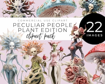 Clipart z osobliwymi ludźmi DO NATYCHMIASTOWEGO POBRANIA Fantastyczne, inspirowane roślinami postacie fantasy na karty, dziennik śmieci, zestaw do scrapbookingu, kolaż