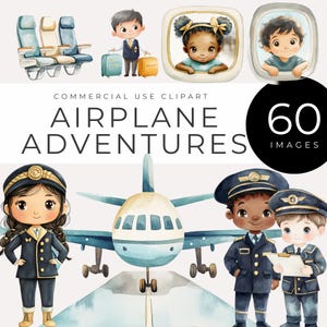 Clipart de aventura de avião em aquarela DOWNLOAD INSTANTÂNEO Gráficos digitais de viagem para crianças, artesanato, convites para festas, criação de cartões e scrapbooking