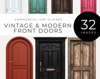 Vintage & Modern Doors Clipart, Watercolor Front Doorway PNG, Architecture Illustration, Old World Charm, Commercial Use, Digital Download