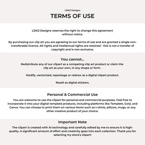 May include: A white document with black text detailing the terms of use for LDKZ Designs clip art. The document outlines permitted and prohibited uses, including personal and commercial applications, and copyright information.