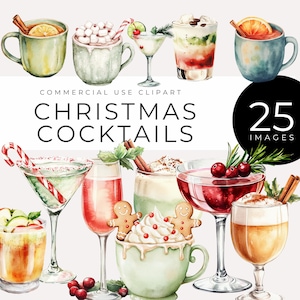 Clipart di Martini di Natale, bevande festive, punch all'uovo ad acquerello, vin brulé, Martini alla menta, cioccolata calda, immagini per inviti e decorazioni