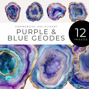 May include: A collection of 12 digital images featuring purple and blue geode designs. The geodes have a variety of colors, including shades of purple, blue, and gold. The text "Purple & Blue Geodes" is displayed.