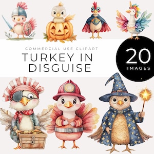 Turkey in Disguise Clipart, Instant Download, Watercolor Thanksgiving, Whimsical Costumed Animals, Fall Crafts, Classroom Decor, Printables