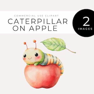 May include: A watercolor illustration of a green, yellow, and blue caterpillar sitting on a red apple. The caterpillar has a smiling face and a green leaf is behind it.