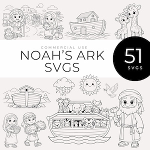 Könnte beinhalten: Schwarz-Weiß-Illustration von Noahs Arche SVGs. Das Bild enthält Illustrationen von Noah, seiner Frau, der Arche, Tieren und anderen biblischen Elementen. Der Text "NOAH'S ARK SVGS" wird prominent angezeigt, zusammen mit der Zahl "51".