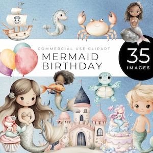 Puede incluir: Un conjunto de 35 ilustraciones de acuarela con temática de sirena. Las ilustraciones incluyen sirenas, un caballito de mar, un cangrejo, una tortuga, un castillo, globos y cupcakes. Las ilustraciones son perfectas para crear invitaciones, decoraciones de fiesta o scrapbooking.