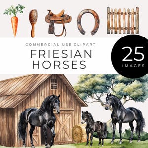 Clipart frison, téléchargement immédiat, étalon noir PNG, aquarelle équestre, animal de la ferme rustique, image de cheval de cow-boy western, amoureux des animaux de compagnie