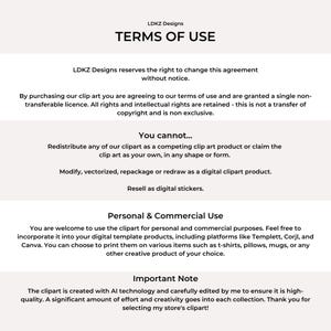 May include: Terms of use for digital clipart.  The text explains that the clipart is for personal and commercial use, but cannot be redistributed or modified.  The clipart is created with AI technology and carefully edited.