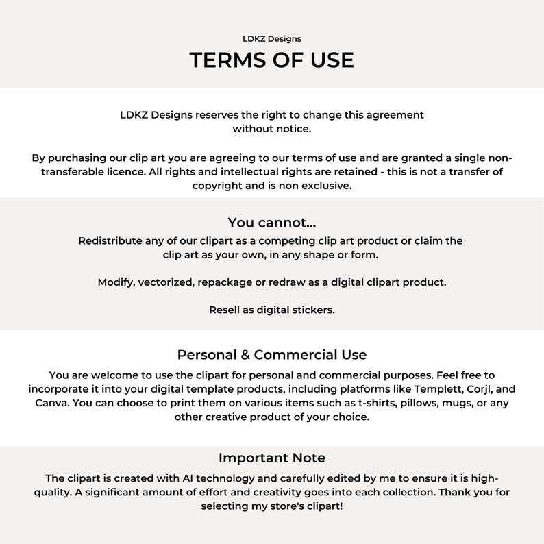 May include: Terms of use for digital clipart.  The text explains that the clipart is for personal and commercial use, but cannot be redistributed or modified.  The clipart is created with AI technology and carefully edited.