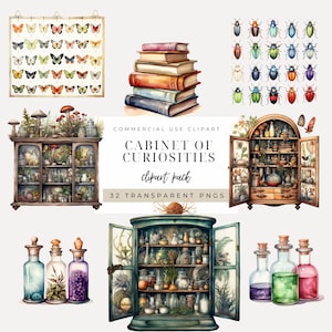 May include: A digital clipart pack of 32 watercolor illustrations featuring a cabinet of curiosities, butterflies, beetles, books, and potion bottles. The text "CABINET OF CURIOSITIES clipart pack 32 TRANSPARENT PNGS" is included in the image.