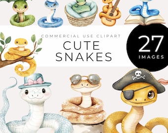Cute Snake Clipart INSTANT DOWNLOAD Watercolor Reptile Images, Whimsical Cartoon Snakes for Kids Decor, DIY Nursery Art, Baby Shower Themes