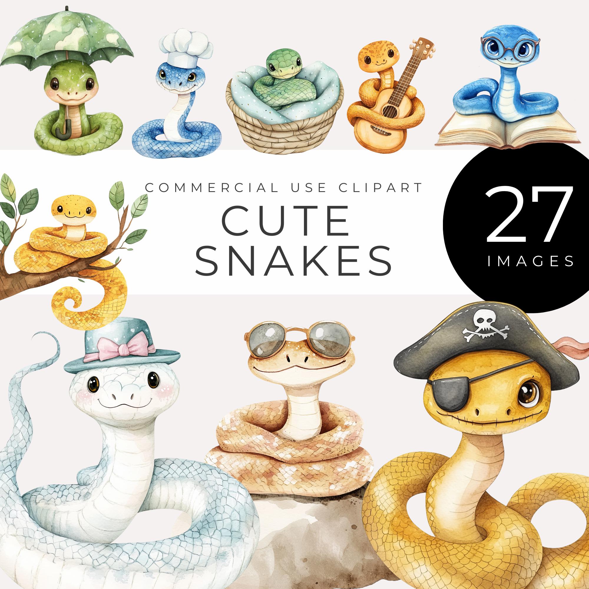 Cute Snake Clipart INSTANT DOWNLOAD Watercolor Reptile Images, Whimsical Cartoon Snakes for Kids Decor, DIY Nursery Art, Baby Shower Themes