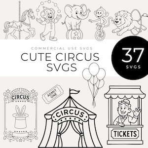 Puede incluir: Ilustraciones de circo en blanco y negro. Incluye un caballo de carrusel, un payaso, un elefante, un mono, un león, una carpa de circo, una taquilla y el texto "Cute Circus SVGs".