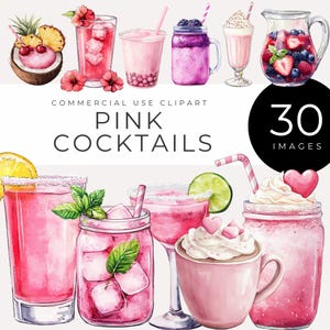 Clipart di cocktail rosa acquerello, bevande fantasiose, cocktail analcolici e frullati per decorazioni per feste, inviti e design digitali, PNG per San Valentino