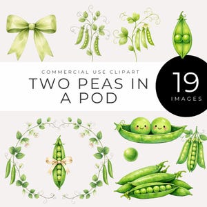 May include: A collection of watercolour illustrations of peas and pea pods. Includes a light green bow, pea plants, a pea pod with two smiling peas, and a wreath. Text reads "TWO PEAS IN A POD" and "19 IMAGES".
