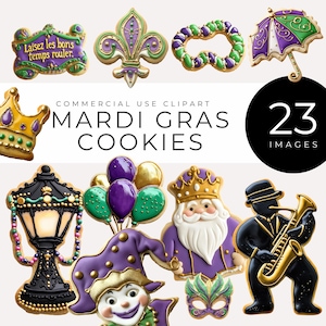 Mardi Gras Cookie Clipart INSTANT DOWNLOAD Aquarel Jazz, Kroon, Masker, Parade Cookies Desserts, New Orleans Celebration, Sweet Party Decor