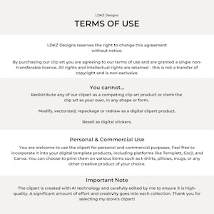 May include: Terms of use for digital clipart.  You cannot redistribute, modify, or resell the clipart as a digital product.  You can use the clipart for personal and commercial purposes, including printing on t-shirts, pillows, mugs, and other creative products.