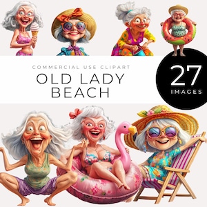 Old Lady Beach Clipart, Instant Download, Quirky Summer Grandma Images Fun Vacation Graphics for Digital Crafts, Scrapbooking, Invitations