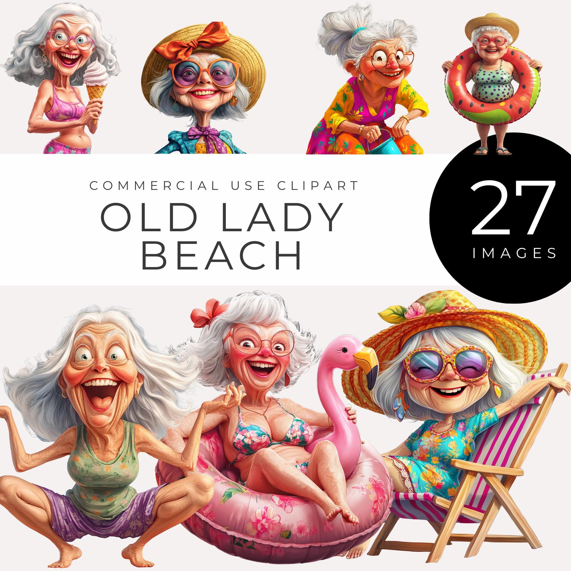 Old Lady Beach Clipart, Instant Download, Quirky Summer Grandma Images ...