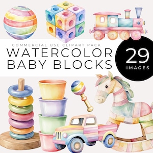 Aquarell Baby Blöcke Clipart INSTANT DOWNLOAD Pastell Spielzeuge, Zug, Plüsch Teddy, Holzblöcke für Kinderzimmer Dekor & Baby Shower Party lädt ein