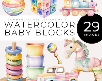 Puede incluir: Un conjunto de 29 ilustraciones de acuarela de juguetes para bebés, que incluyen bloques, un caballito de balancín, un camión de juguete, un juguete de anillos apilables, un sonajero y una pelota. Las ilustraciones están en una variedad de colores, incluyendo rosa, azul, amarillo, verde y rojo.