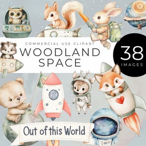 Clipart de espacio de bosque, descarga instantánea, animales astronautas en acuarela, gráficos cósmicos para decoración infantil, baby shower, álbumes de recortes, manualidades