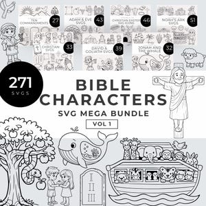 以下が含まれることがあります： 聖書の登場人物とシーンをフィーチャーした、白黒のSVGメガバンドル。アダムとイブ、ノアの箱舟、ヨナとクジラ、十戒の画像が含まれています。バンドルには271個のSVGファイルが含まれています。