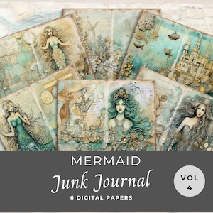 Whimsical Mermaid Junk Journal Paper Pack 4 DESCARGA INSTANTE con elementos náuticos vintage y efímera, hoja de collage 11 x 8.5, JJ002