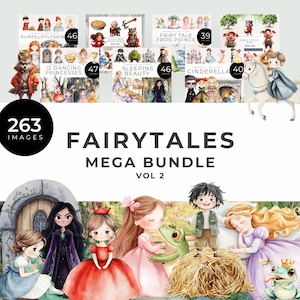 Fairytale Mega Clipart Bundle, Sofort Download, Dornröschen, tanzende Prinzessinnen, Aschenputtel, Rumpelstilzchen, 3 kleine Schweinchen, Froschkönig