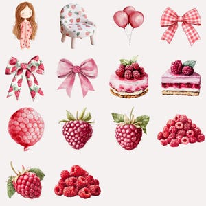 May include: A set of watercolor illustrations featuring pink and red raspberries, a pink and white chair, a pink bow, a pink cake with raspberries, a pink and white cake slice, a pink balloon, and a girl with long brown hair wearing a pink dress.