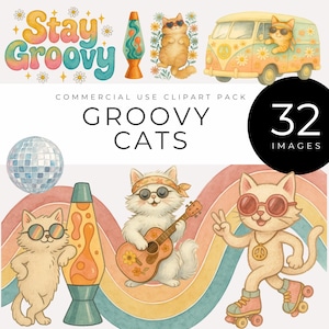 Clipart chat groovy, téléchargement immédiat, ambiance hippie rétro des années 70, signes de la paix, camionnettes, lampes à lave, décoration de chats géniaux, patins à roulettes, art disco PNGs