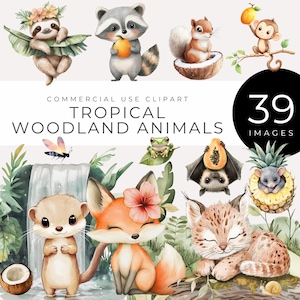 Imágenes prediseñadas de animales del bosque tropical, descarga instantánea, zorro de acuarela, perezoso, mono, mapache y elementos de la jungla para manualidades, invitaciones a fiestas