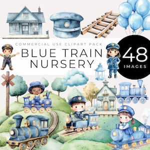 Tren azul de acuarela para niños, descarga instantánea, lindos gráficos de locomotoras para decoración de habitaciones infantiles, invitaciones de cumpleaños, baby showers y manualidades.