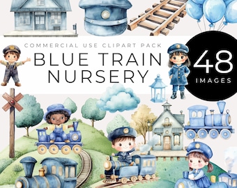 May include: A set of 48 watercolor illustrations featuring a blue train, a train conductor, a train track, a train station, a blue sky, clouds, and a house. The illustrations are perfect for creating a nursery theme.