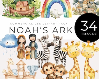 Könnte beinhalten: Ein Aquarell-Clipart-Paket mit 34 Bildern, die Noahs Arche, Tiere und Menschen zeigen. Das Paket enthält einen Regenbogen, eine Taube, eine Wolke mit Regentropfen, eine Giraffe, ein Zebra, einen Affen, einen Elefanten und eine Holzarche.