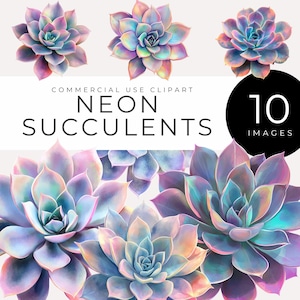 Clipart de suculentas de neón en acuarela, descarga instantánea, imágenes PNG de plantas iridiscentes para descargas digitales, manualidades, álbumes de recortes e invitaciones.