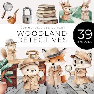 Woodland Detective Clipart, Instant Download Watercolor Cute Animal Sleuths, Vintage Mystery Props, Forest Scenes, Party Decor, Deer, Bunny
