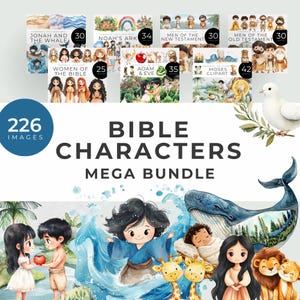 Paquete de imágenes prediseñadas de personajes bíblicos, descarga instantánea, personajes del Nuevo y Antiguo Testamento, mujeres cristianas bíblicas, el Arca de Noé, Adán, Eva, Moisés y Jonás