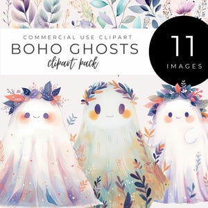 Boho Geist Clipart, SOFORTIGER DOWNLOAD Niedliche Aquarell Geister mit Blumenkronen für Boho Halloween Dekor, Party Einladungen & Herbst Basteleien!