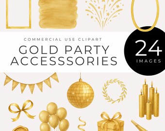 Puede incluir: Conjunto de imágenes prediseñadas de acuarela de accesorios dorados para fiestas. Incluye marcos, fuegos artificiales, guirnaldas, una bola de discoteca, globos, velas y una caja de regalo. El texto dice "Gold Party Accessories" y "24 Images".
