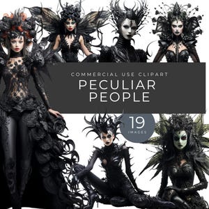 Imágenes prediseñadas de personas peculiares, descarga instantánea, fantasía gótica caprichosa, personajes PNG de la Reina Oscura para tarjetas, diario basura, kit de álbumes de recortes, collage