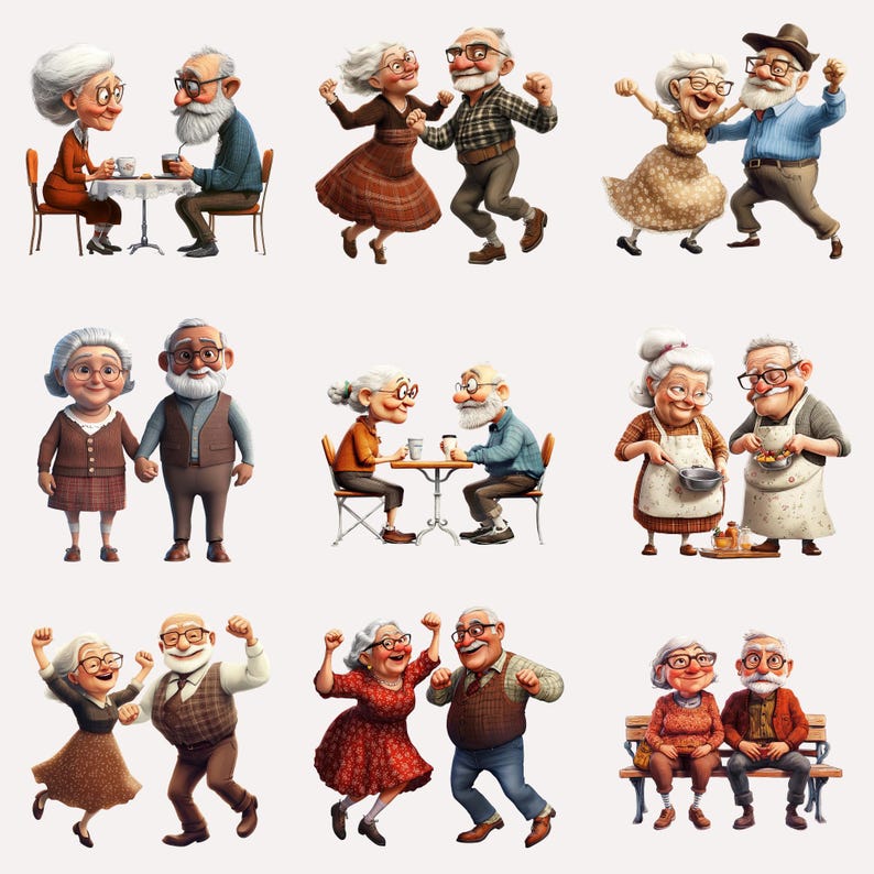 May include: Nine pairs of older adults are shown in various poses. Some are dancing, some are sitting at a table, and some are cooking. All of the couples are dressed in casual clothing and have happy expressions on their faces.