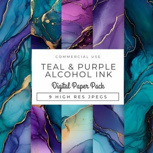 May include: Teal and purple alcohol ink digital paper pack with gold accents. 9 high resolution JPEGs for commercial use.