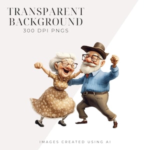 May include: A cartoon illustration of an older couple dancing. The woman is wearing a floral dress and the man is wearing a blue shirt, brown trousers, and a hat. They are both smiling and appear to be having fun.
