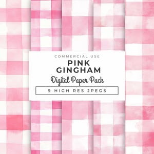 Puede incluir: Paquete de papel digital con diseño de cuadros vichy rosas con efecto acuarela. El patrón presenta cuadrados rosas y blancos. El texto en la imagen dice "Pink Gingham Digital Paper Pack" y "9 High Res JPEGs".